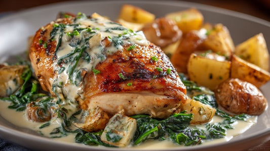 Creamy Tuscan Chicken & Roasted Potatoes 🌿🥔