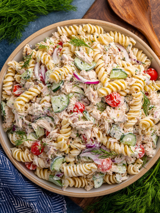 Mediterranean Lemon Dill Tuna Protein Pasta Salad