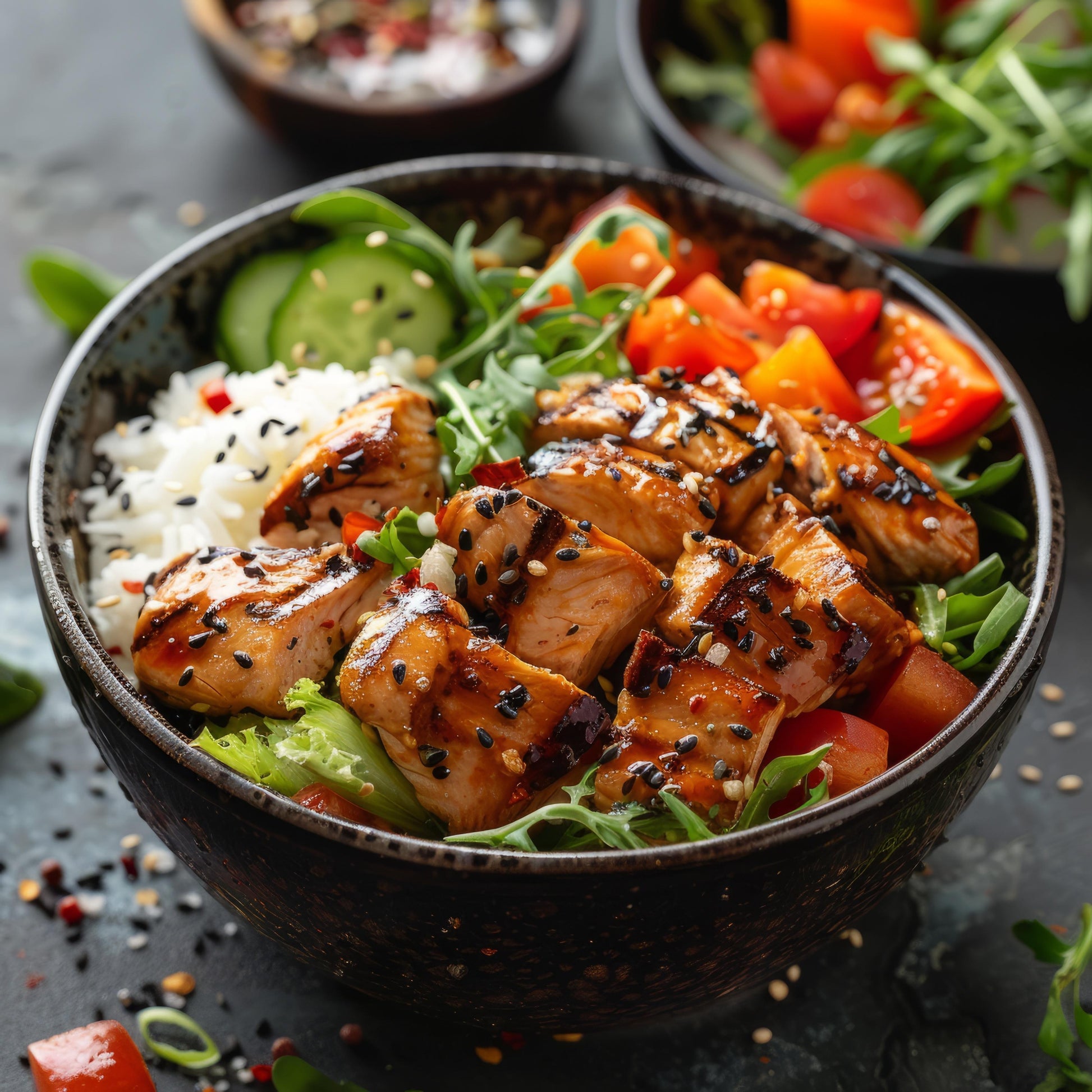Grilled Teriyaki Chicken Protein Bowl with basmati rice, sautéed cabbage, onions, kale, and a house-made teriyaki glaze.