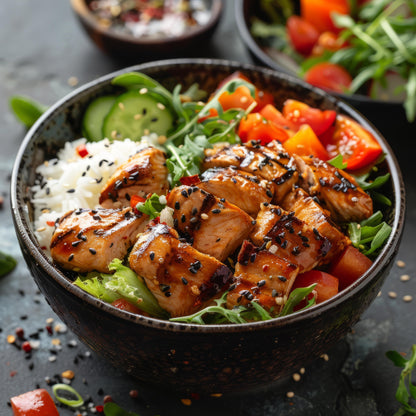 Grilled Teriyaki Chicken Protein Bowl with basmati rice, sautéed cabbage, onions, kale, and a house-made teriyaki glaze.