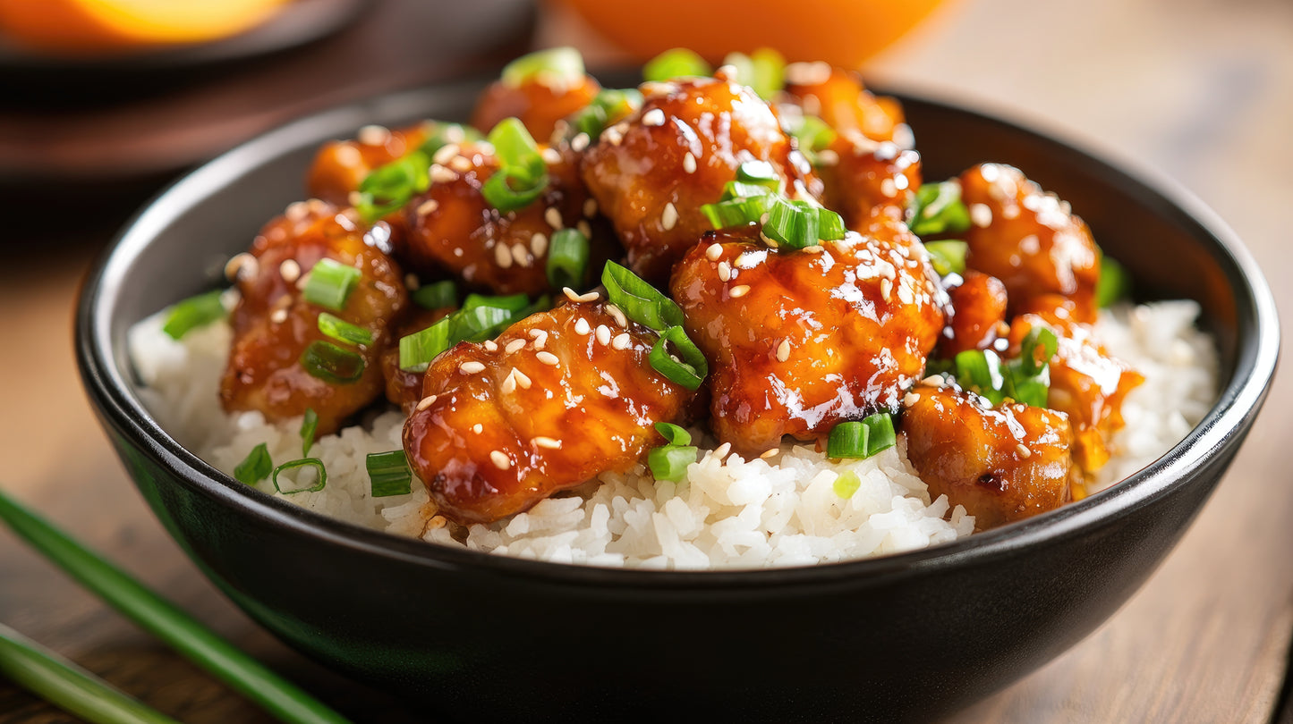 Homemade Orange Chicken Bowl with basmati rice and seasonal vegetables served in a meal prep container.